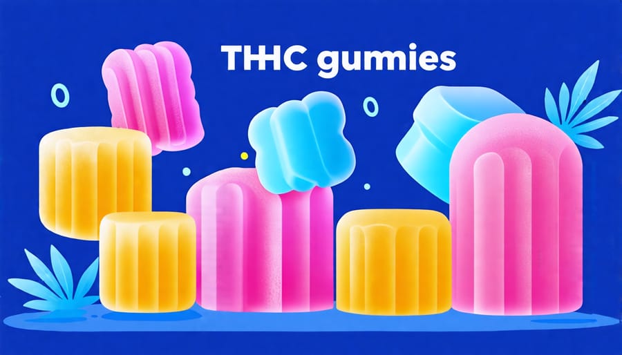 THC gummies displayed with vibrant colors and strong contrast