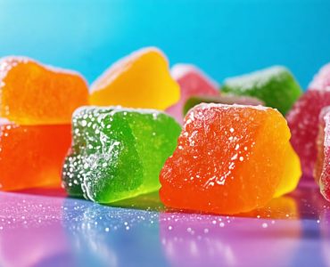 A dynamic assortment of colorful THC gummies displayed against a sunlit background, with macro photography capturing their intricate details and vibrant colors.