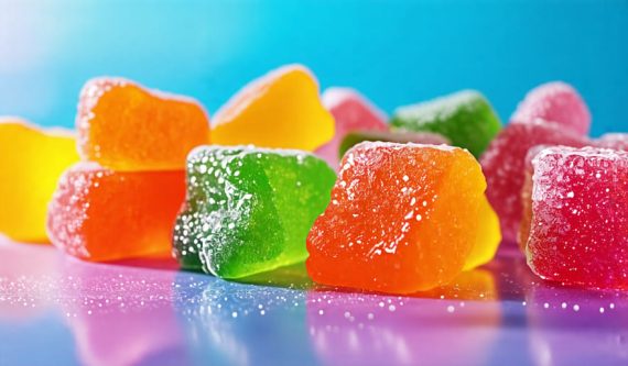 A dynamic assortment of colorful THC gummies displayed against a sunlit background, with macro photography capturing their intricate details and vibrant colors.