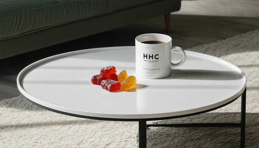 HHC gummies on a stylish coffee table setting, reflecting a modern lifestyle