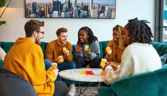 Diverse group of young adults enjoying HHC gummies in a stylish Toronto apartment, with a view of the city skyline, representing a modern urban lifestyle.