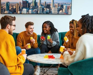 Diverse group of young adults enjoying HHC gummies in a stylish Toronto apartment, with a view of the city skyline, representing a modern urban lifestyle.