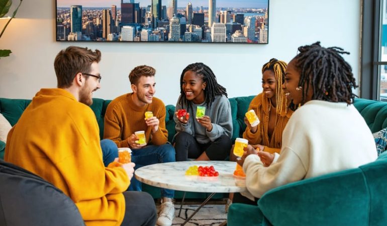 Diverse group of young adults enjoying HHC gummies in a stylish Toronto apartment, with a view of the city skyline, representing a modern urban lifestyle.