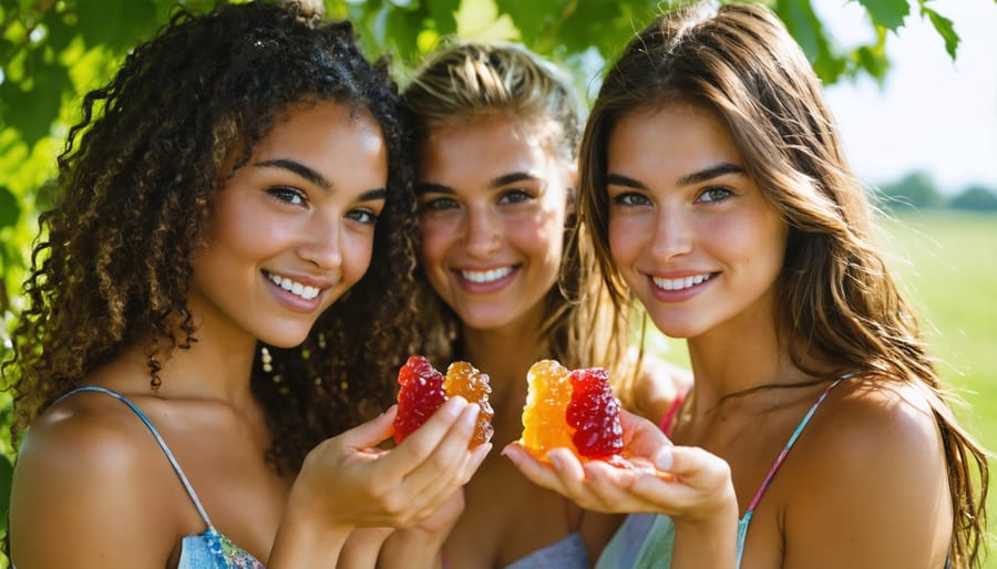 Models enjoying HHC gummies in an outdoor setting, showcasing natural interactions