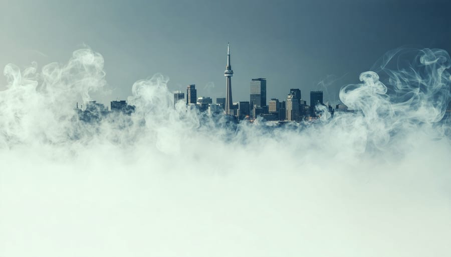 Artistic smoke patterns illuminate the Toronto skyline representing the city's vaping lifestyle.