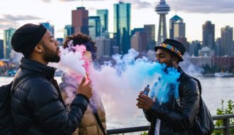 Diverse individuals embracing vaping culture in front of Toronto's vibrant skyline, representing the city's urban and cultural fusion.