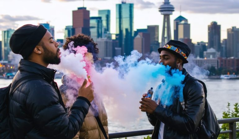 Diverse individuals embracing vaping culture in front of Toronto's vibrant skyline, representing the city's urban and cultural fusion.