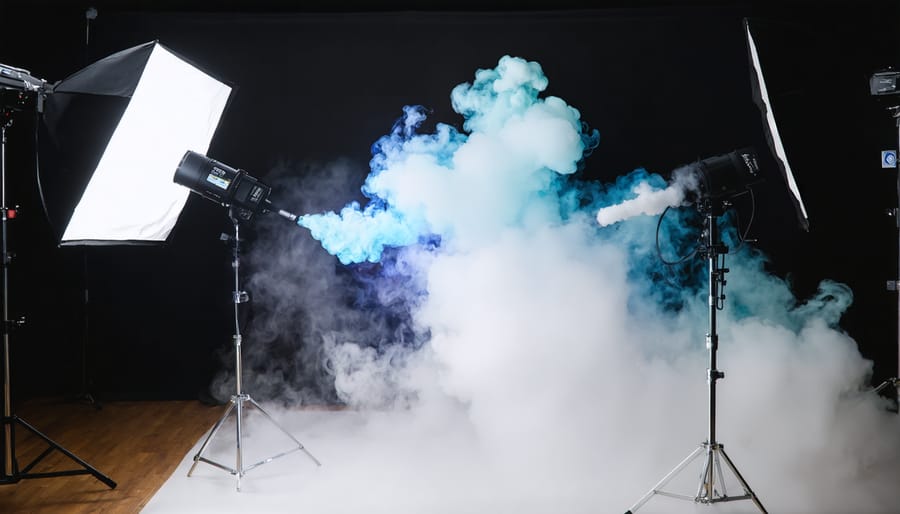 Photographer capturing impressive vape clouds with creative studio lighting in Toronto.