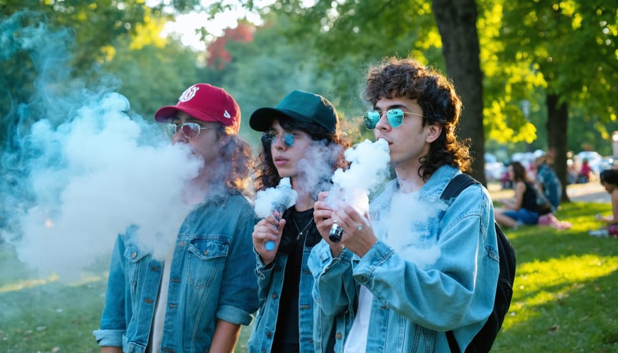 Diverse group of young adults partaking in vaping culture in a Toronto park.