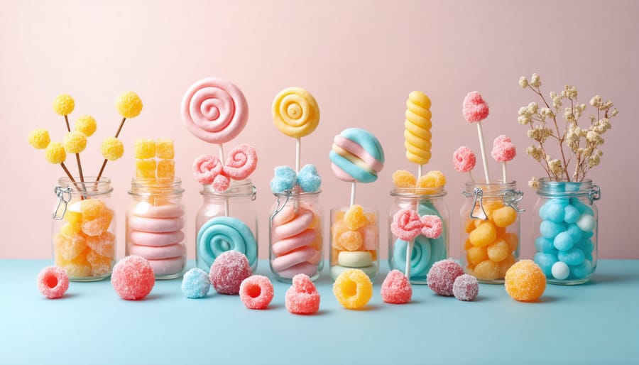 Artistic presentation of freeze-dried candies with pastel background and decorative props