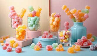 An eye-catching display of freeze-dried candies featuring vivid colors and unique textures, styled with minimalist props on a pastel backdrop.