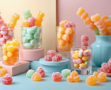 An eye-catching display of freeze-dried candies featuring vivid colors and unique textures, styled with minimalist props on a pastel backdrop.