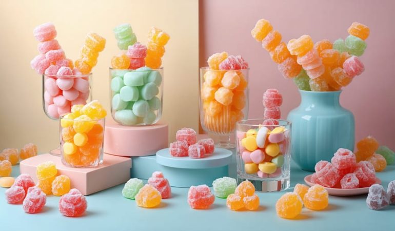 An eye-catching display of freeze-dried candies featuring vivid colors and unique textures, styled with minimalist props on a pastel backdrop.